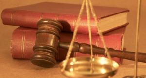 gavel and old rusty books, shallow dof